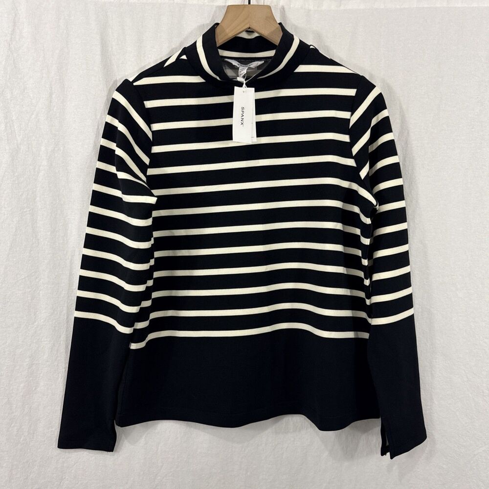 Spanx Air Essentials Mock Neck Black Stripe Pullover Womens Sz M Travel Preppy